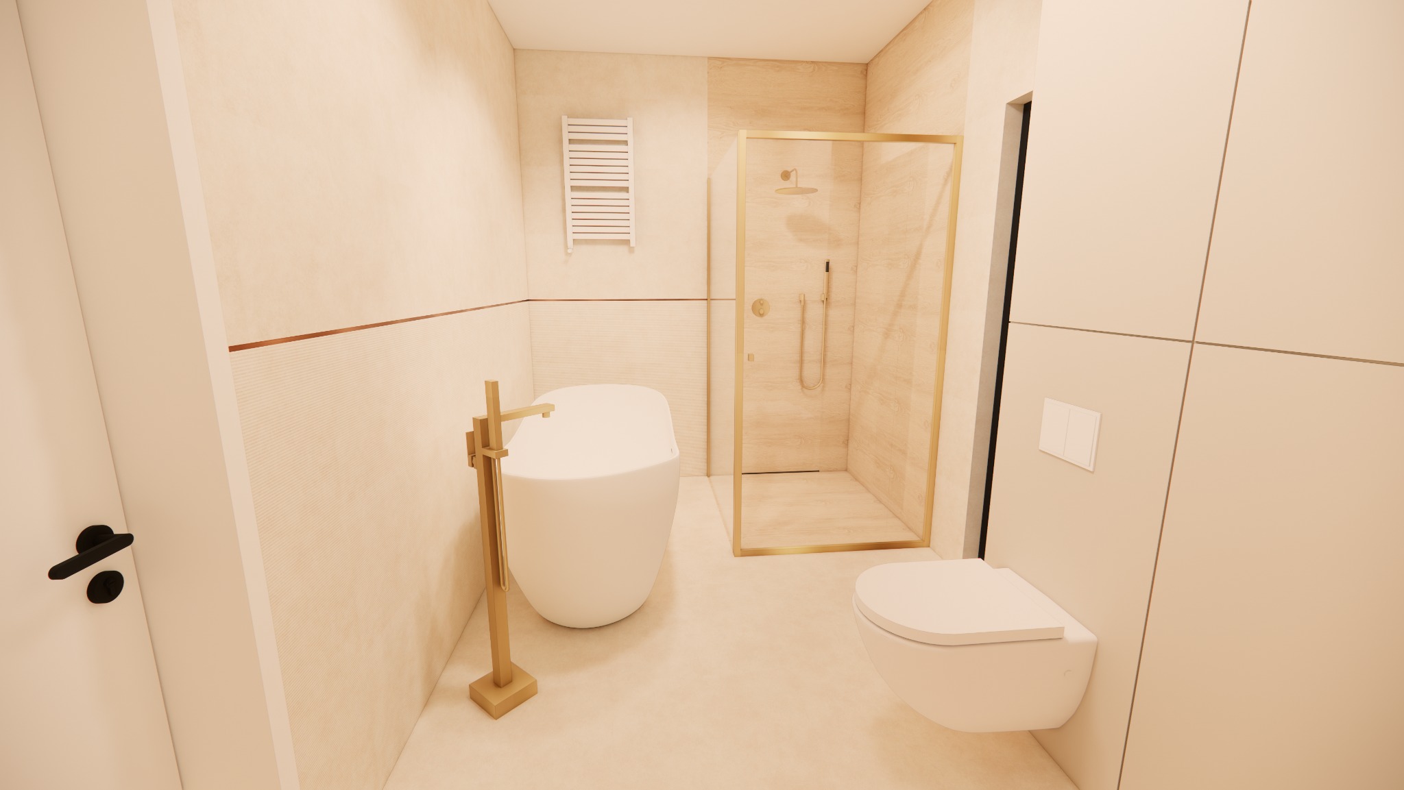Nowoczesna łazienka w beżowych tonacjach z wolnostojącą wanną, złotą armaturą i kabiną prysznicową. Minimalistyczny design, podwieszana toaleta i grzejnik drabinkowy.