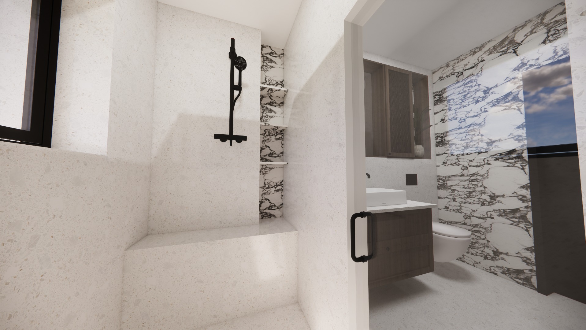 Nowoczesna łazienka z kabiną prysznicową wykończoną płytkami imitującymi marmur, czarna armatura i półki wnękowe. Minimalistyczny design z elementami drewna.