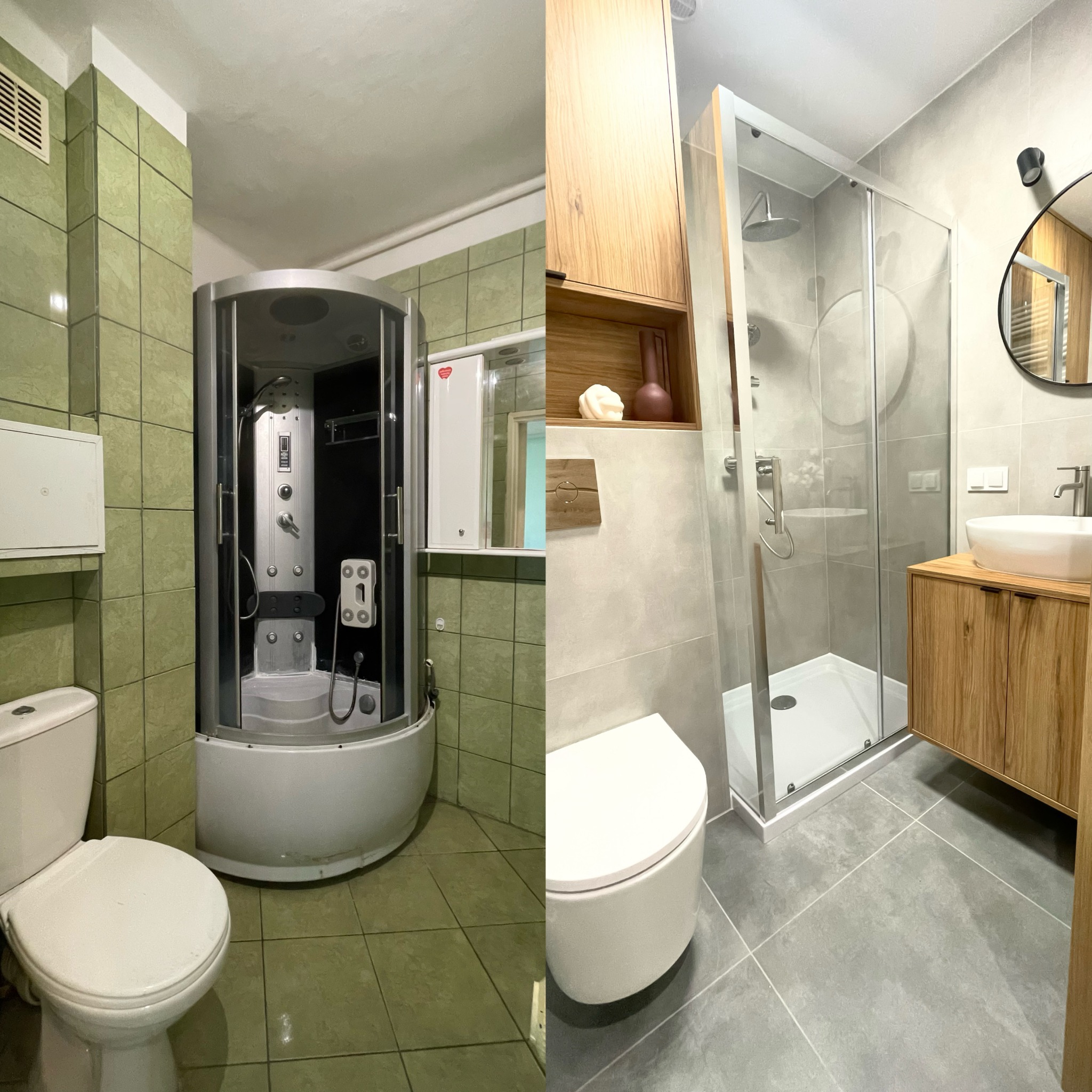 Zdjęcie 'przed i po' prezentujące metamorfozę łazienki: od zielonych płytek i kabiny prysznicowej z hydromasażem do szarych płytek i nowoczesnej kabiny walk-in.