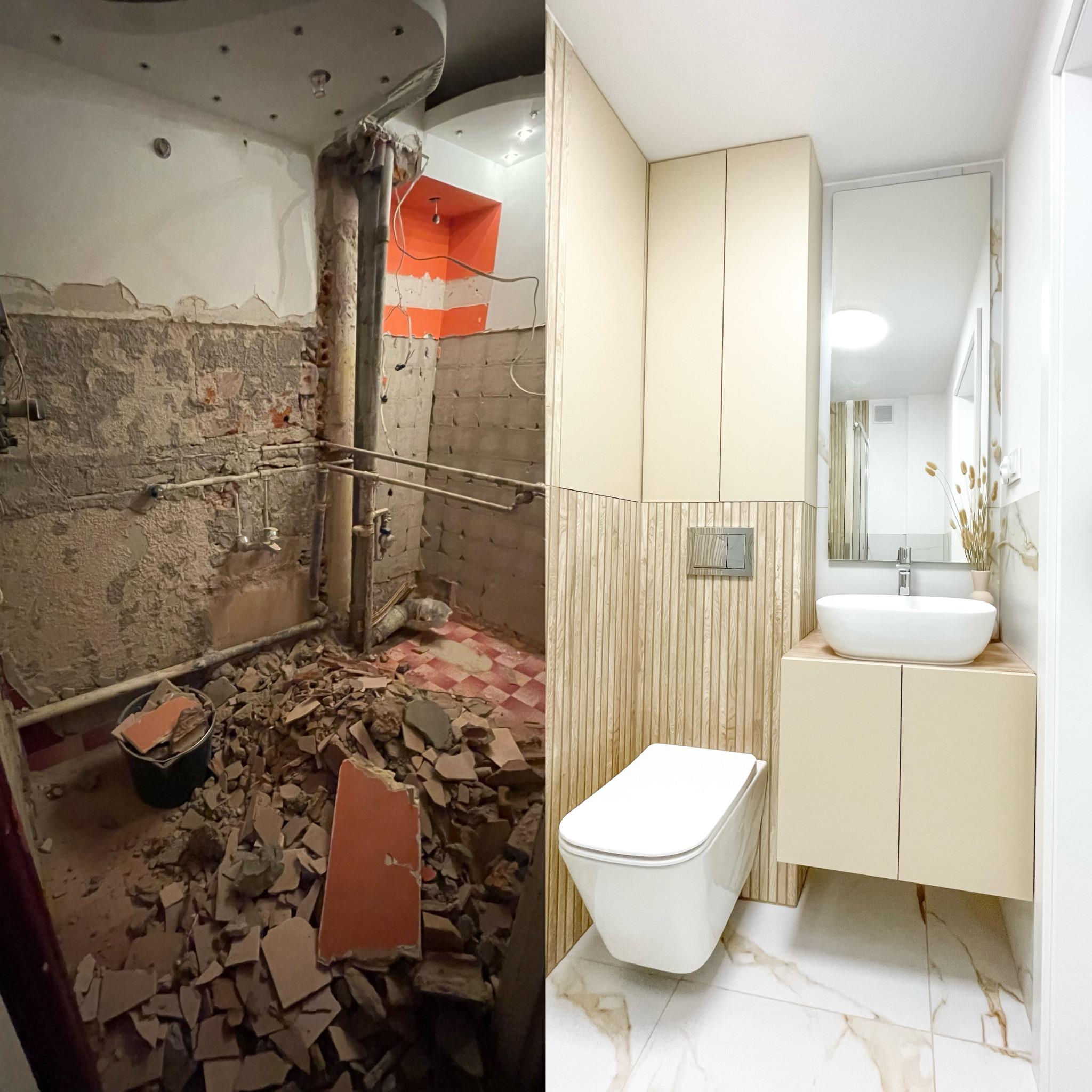 Remont łazienki: zestawienie 'przed' - gruz i stare instalacje, z 'po' - nowoczesna toaleta z umywalką na szafce, lustro i beżowe panele ścienne.