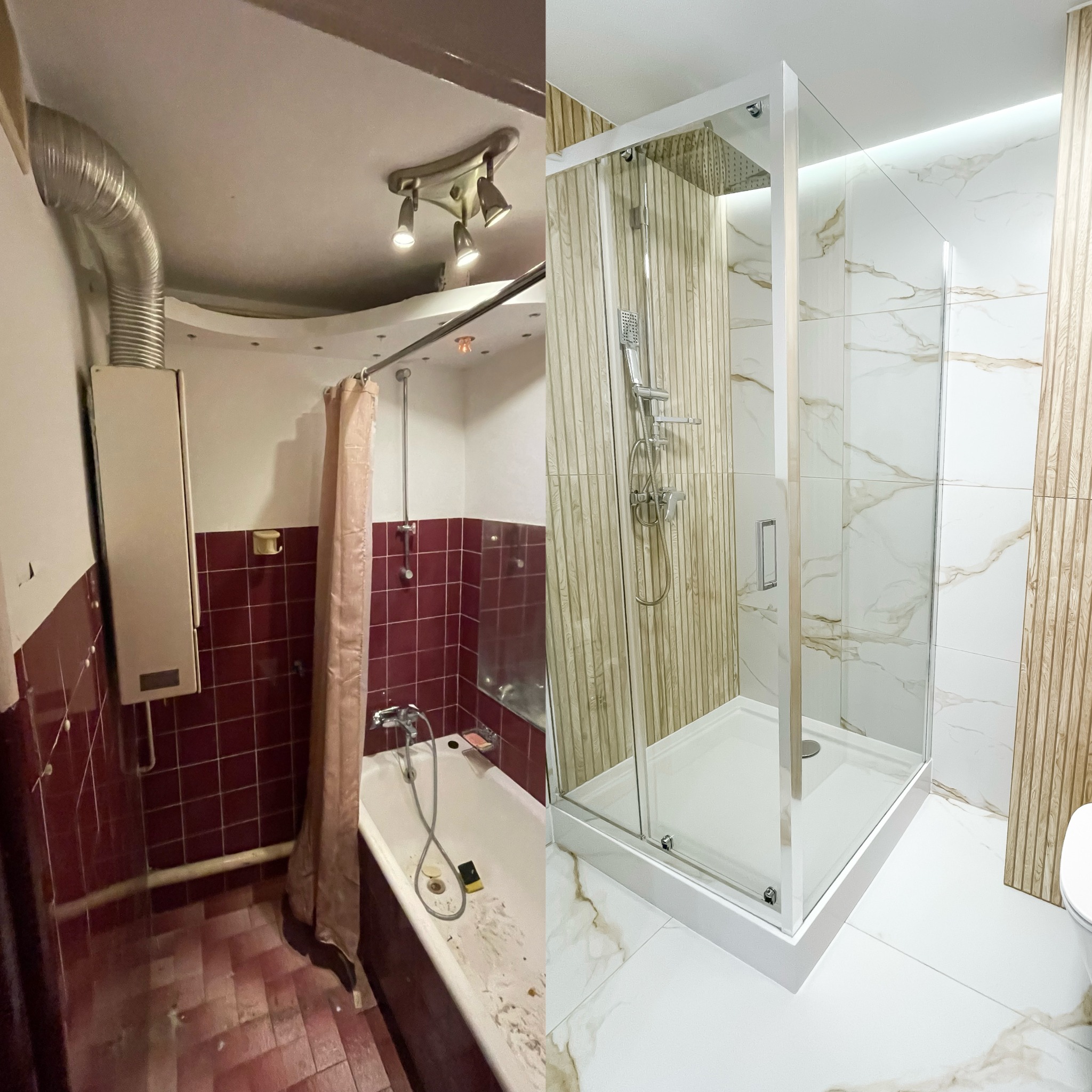 Remont łazienki: porównanie stanu przed i po. Stara, zaniedbana łazienka z wanną i nowa, wyremontowana z kabiną prysznicową, jasne płytki imitujące marmur i drewno.