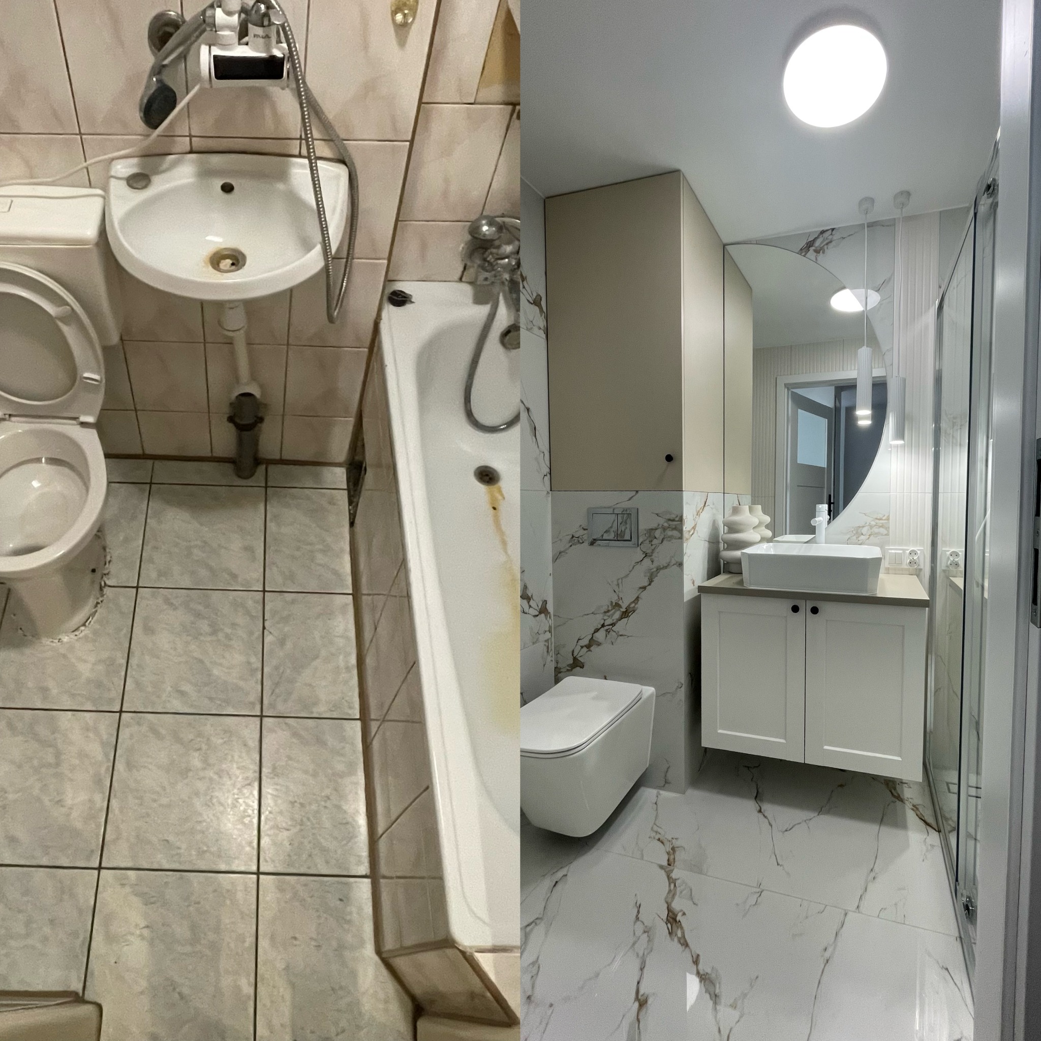 Zdjęcie 'przed i po' prezentujące odnowioną łazienkę z nową armaturą, białymi płytkami imitującymi marmur i nowoczesnym oświetleniem. Widoczna metamorfoza wnętrza.