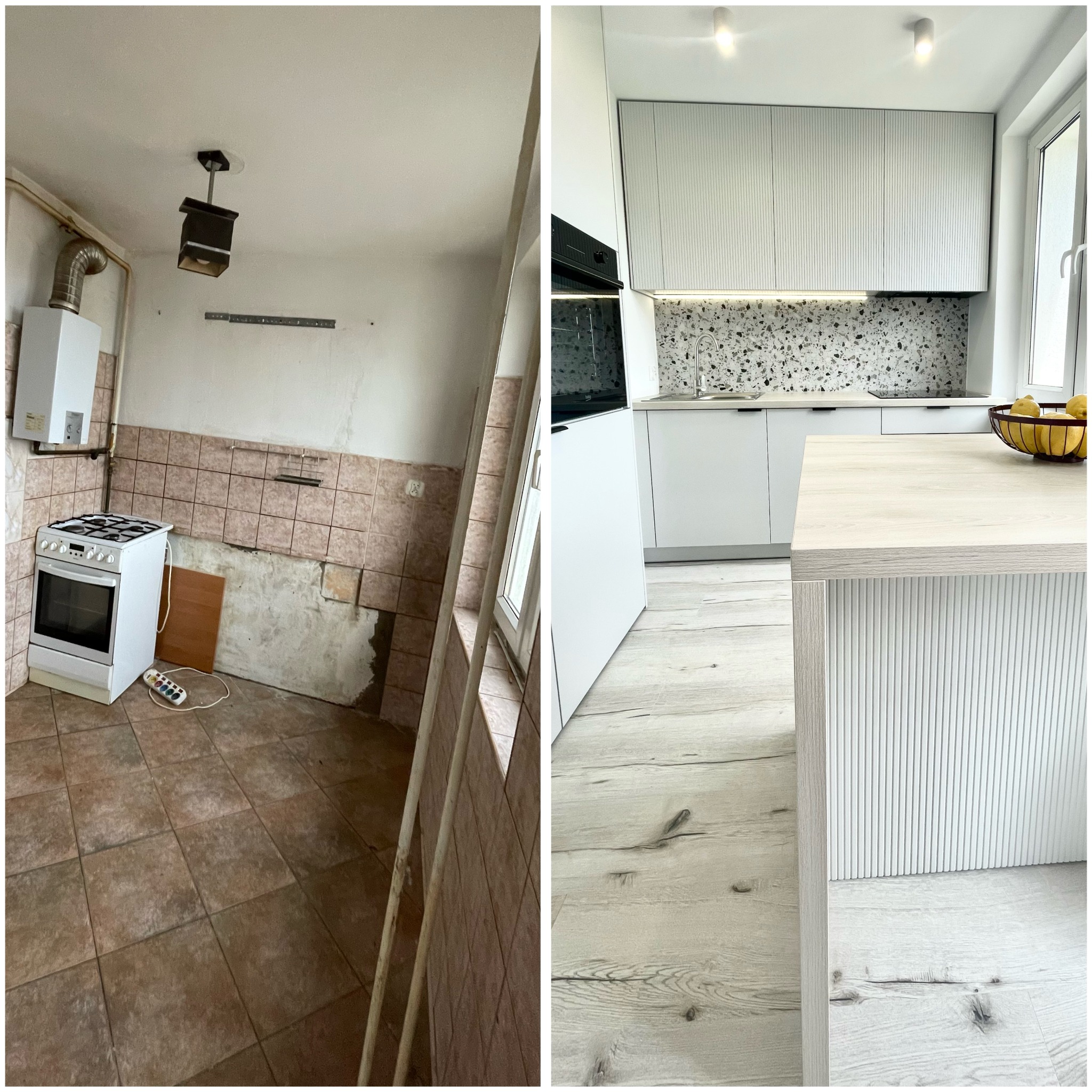 Kuchenna metamorfoza: zestawienie 'przed' z brązowymi płytkami i 'po' z nowoczesną, białą zabudową, mozaiką i drewnianą podłogą. Widok na okno.