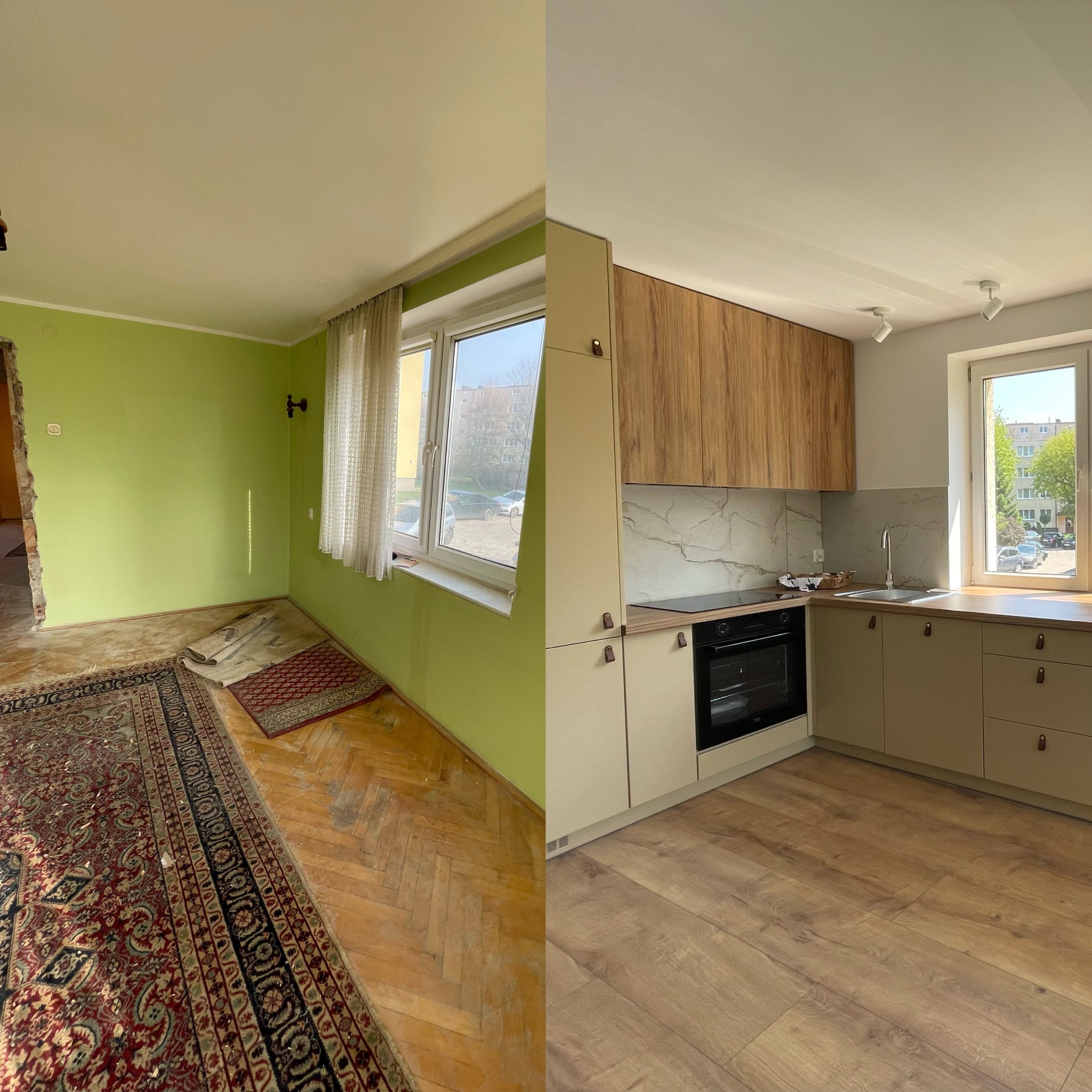 Kuchenna metamorfoza: Ujęcie typu 'przed i po' prezentuje odnowioną kuchnię z nowoczesną zabudową, jasnymi frontami i drewnianymi akcentami, kontrastując ze stanem pierwotnym.