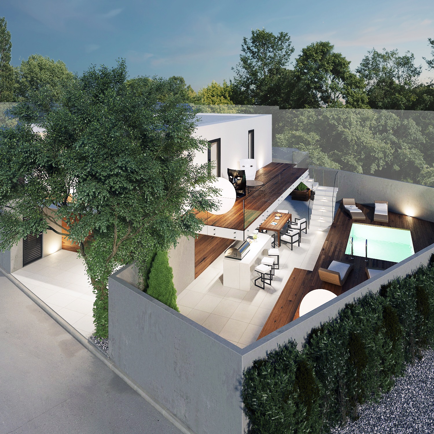 Nowoczesny dom z tarasem, basenem i zielenią, widok z góry. Minimalistyczny styl, drewniane elementy, oświetlenie LED. Architektura krajobrazu z drzewami i żywopłotem.