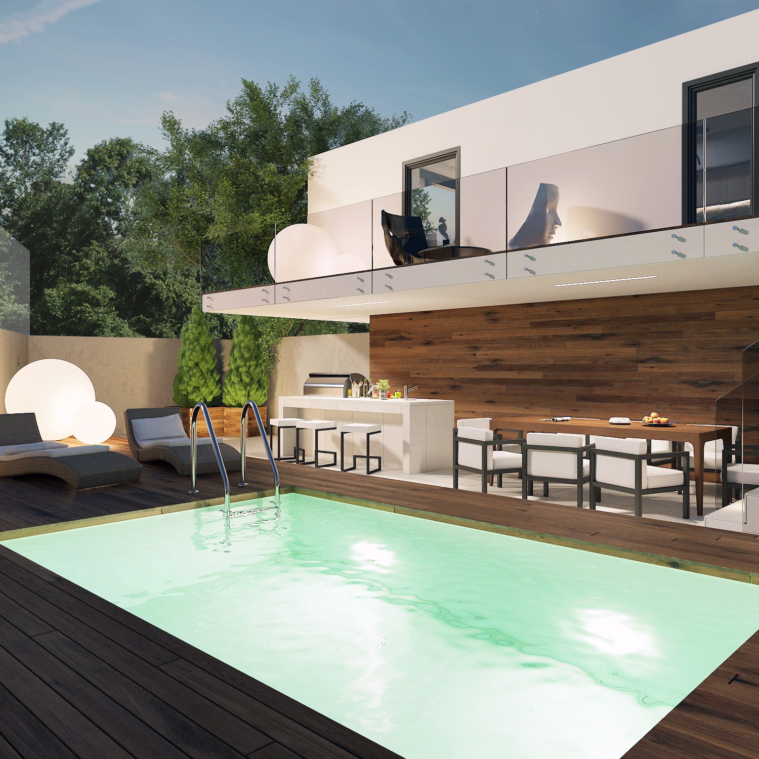 Nowoczesny dom z basenem i tarasem. Widoczne leżaki, stół z krzesłami i oświetlenie. Minimalistyczny design, drewniane akcenty i szklane balustrady.