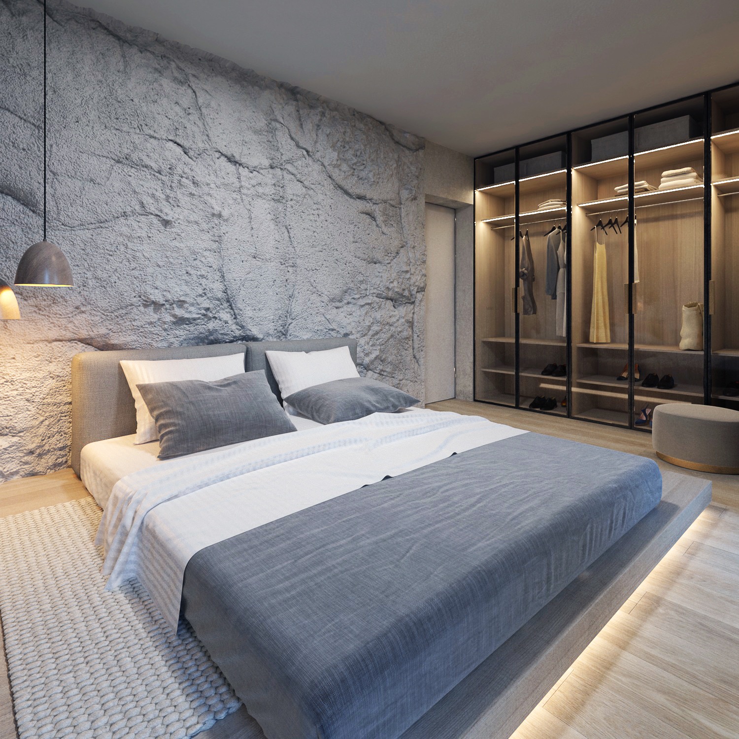 Nowoczesna sypialnia z łóżkiem na podeście, ściana z fakturą kamienia i przeszklona garderoba z podświetleniem LED. Minimalistyczny design wnętrza.