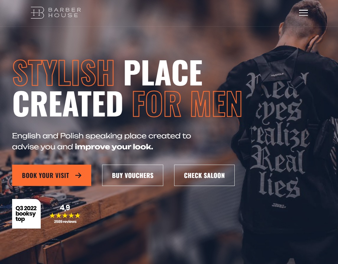 Strona internetowa salonu fryzjerskiego Barber House z napisem 'Stylish Place Created For Men' i przyciskiem 'Book Your Visit'. Prezentacja strony w nowoczesnym stylu.
