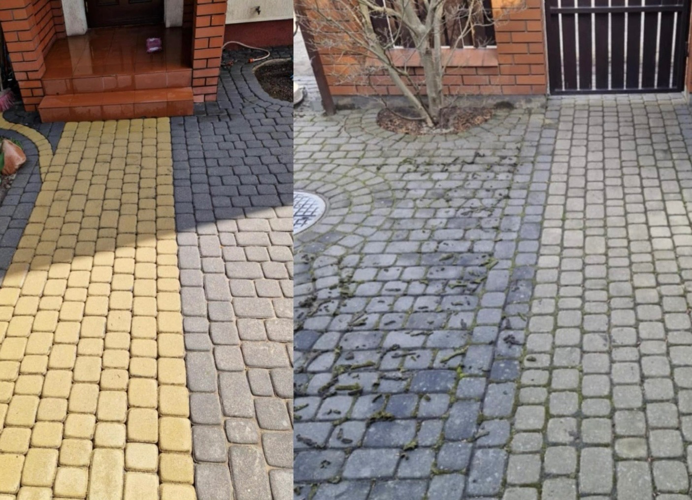 Efekt mycia kostki brukowej: po lewej czysta, żółto-szara kostka, po prawej zabrudzona, szara kostka z mchem i liśćmi. Widoczne przejście między stanami.