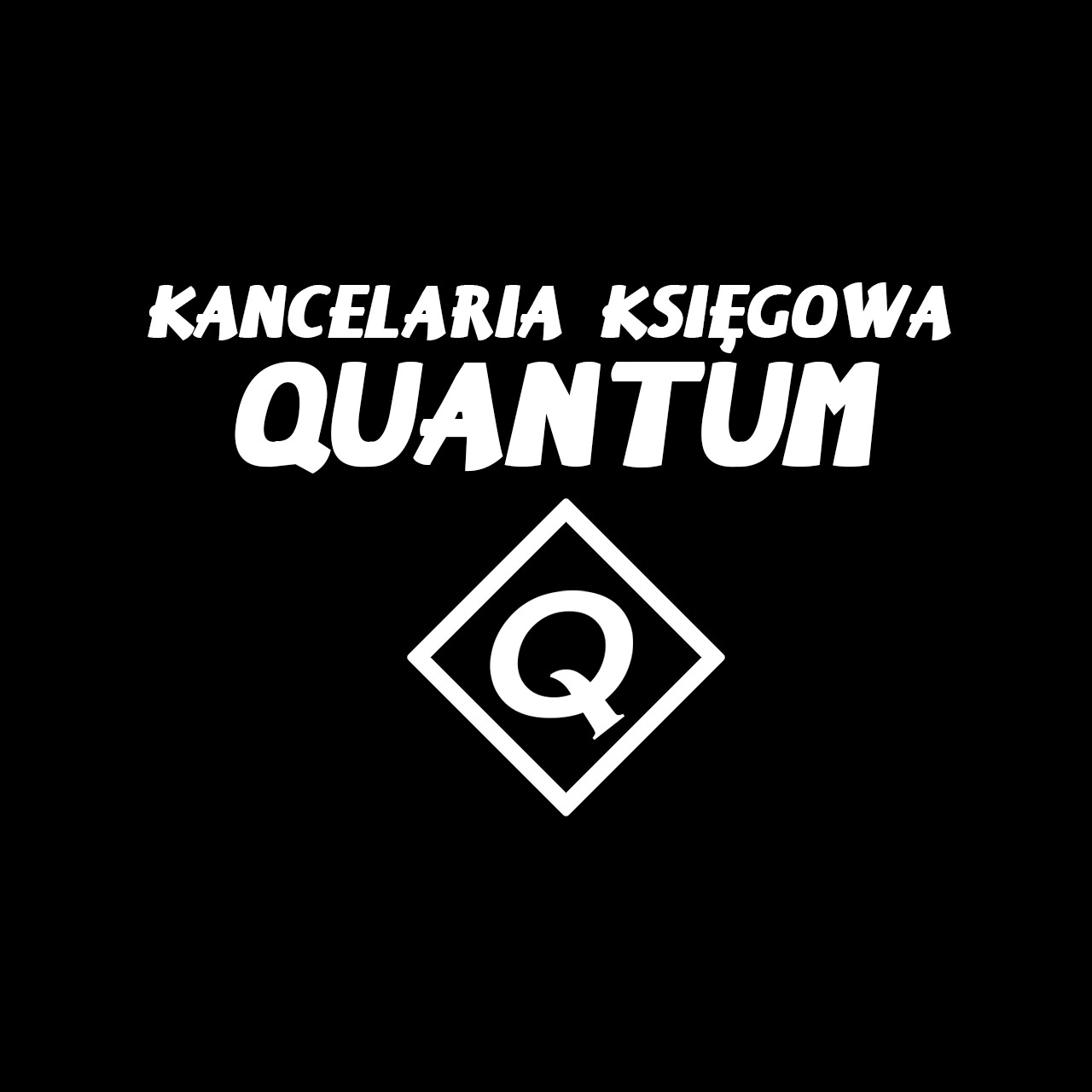 Grafika: białe logo Kancelarii Księgowej Quantum na czarnym tle, z nazwą firmy i symbolem rombu z literą Q.