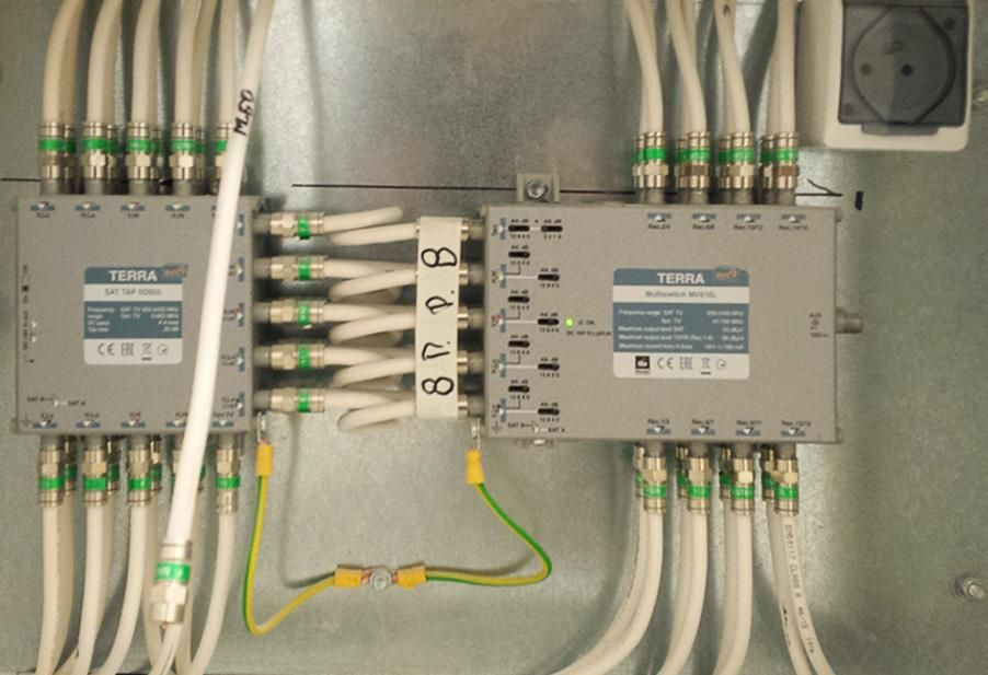 Rozdzielacze TV marki Terra zamontowane na metalowej płycie, z podłączonymi kablami koncentrycznymi i uziemieniem. Widoczne oznaczenia kabli.