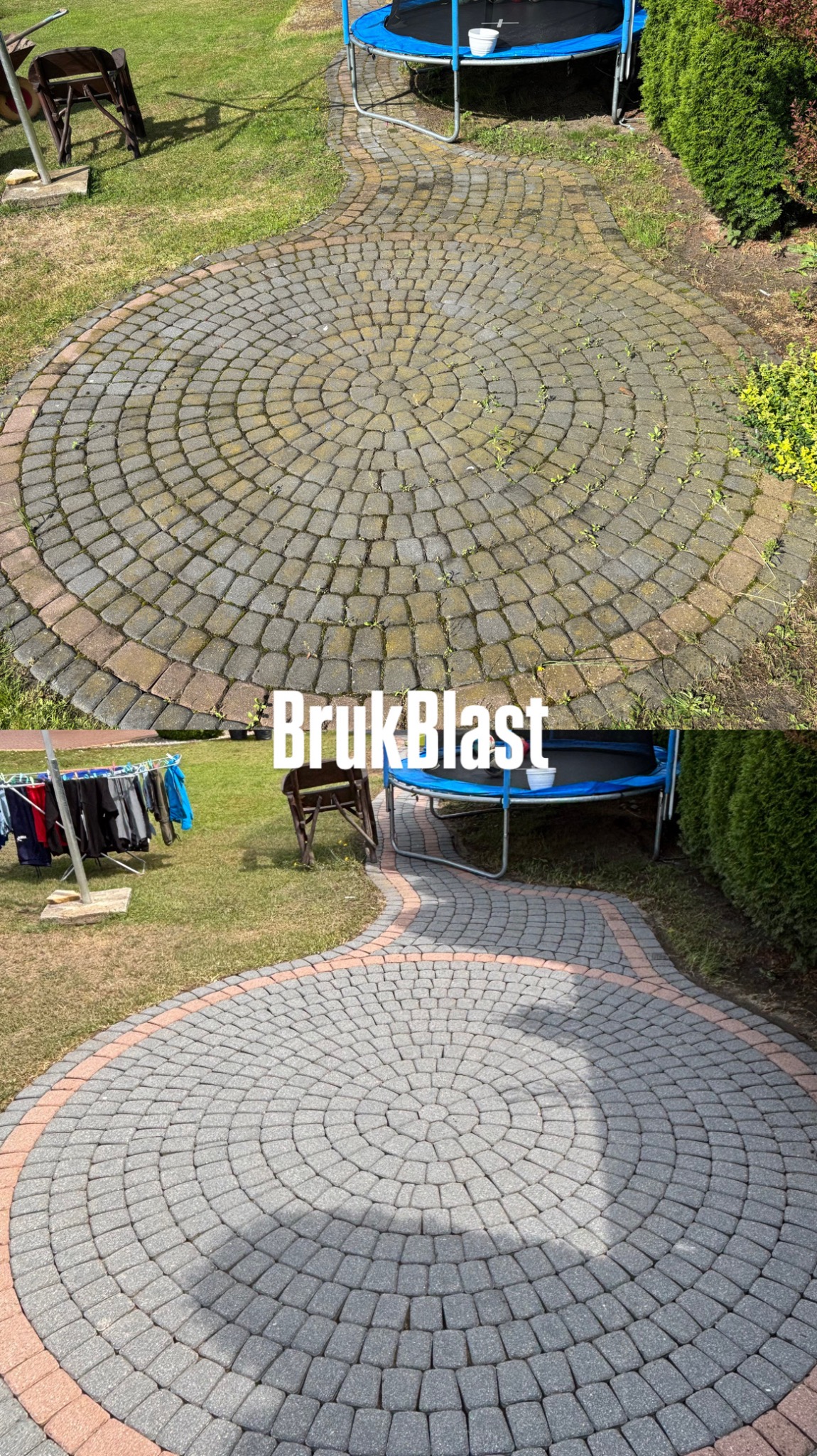 Porównanie kostki brukowej przed i po czyszczeniu. Górna część: zabrudzona, z mchem. Dolna: czysta, szara z czerwoną obwódką. Trampolina i suszarka w tle.