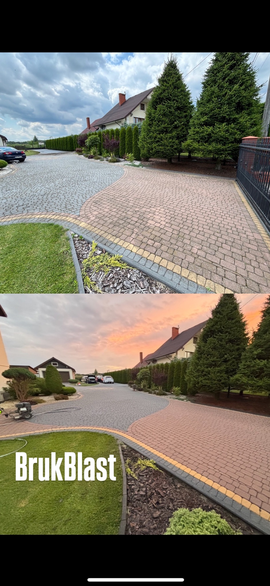 Porównanie kostki brukowej przed i po czyszczeniu. Górna część: zabrudzona, dolna: czysta, z widocznym logo firmy. Długi, kręty podjazd do domu.
