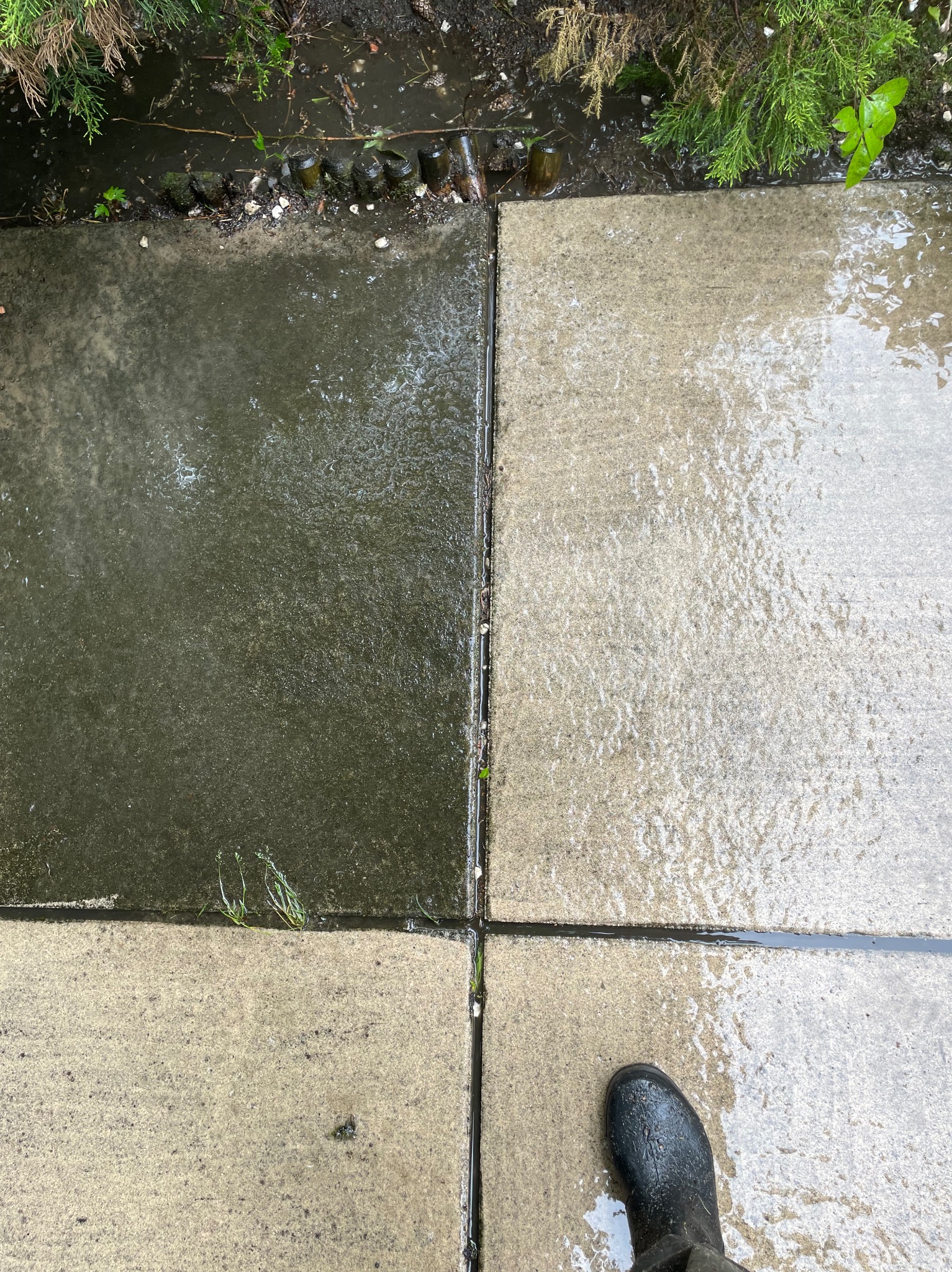 Efekt mycia kostki brukowej: po lewej brudna, po prawej czysta. Widoczny fragment buta w kaloszu. Kadr z góry ukazuje różnicę w kolorze i czystości.