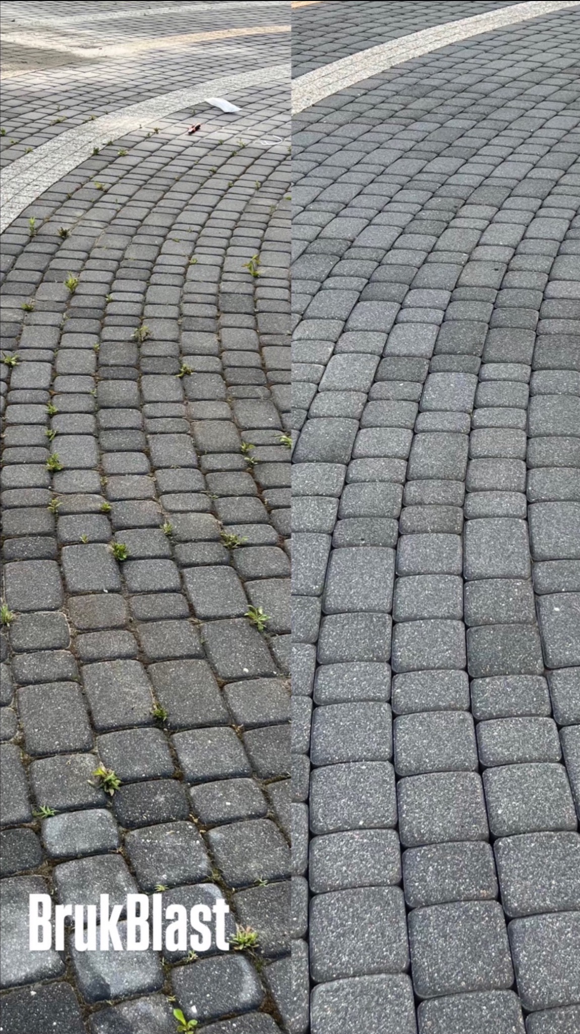 Kostka brukowa po czyszczeniu: lewa strona z zabrudzeniami i chwastami, prawa strona czysta, szara. Układ w kształcie wachlarza, widoczne fugi.
