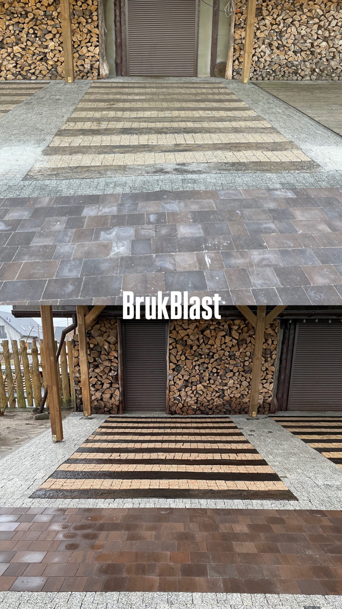 Częściowy widok kostki brukowej po czyszczeniu z widocznymi pasami czystości, zadaszenie z szarej dachówki, drewno opałowe i brązowe rolety.