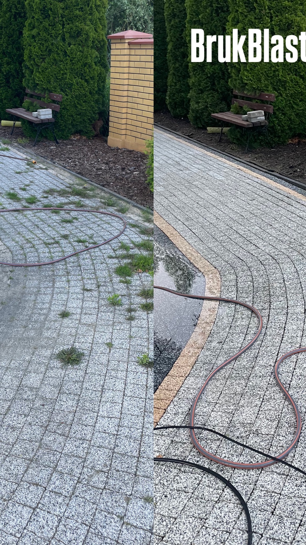 Kostka brukowa przed i po czyszczeniu, widoczne różnice w zabrudzeniach i porostach. Po prawej stronie czysta kostka z widoczną wodą i wężem.