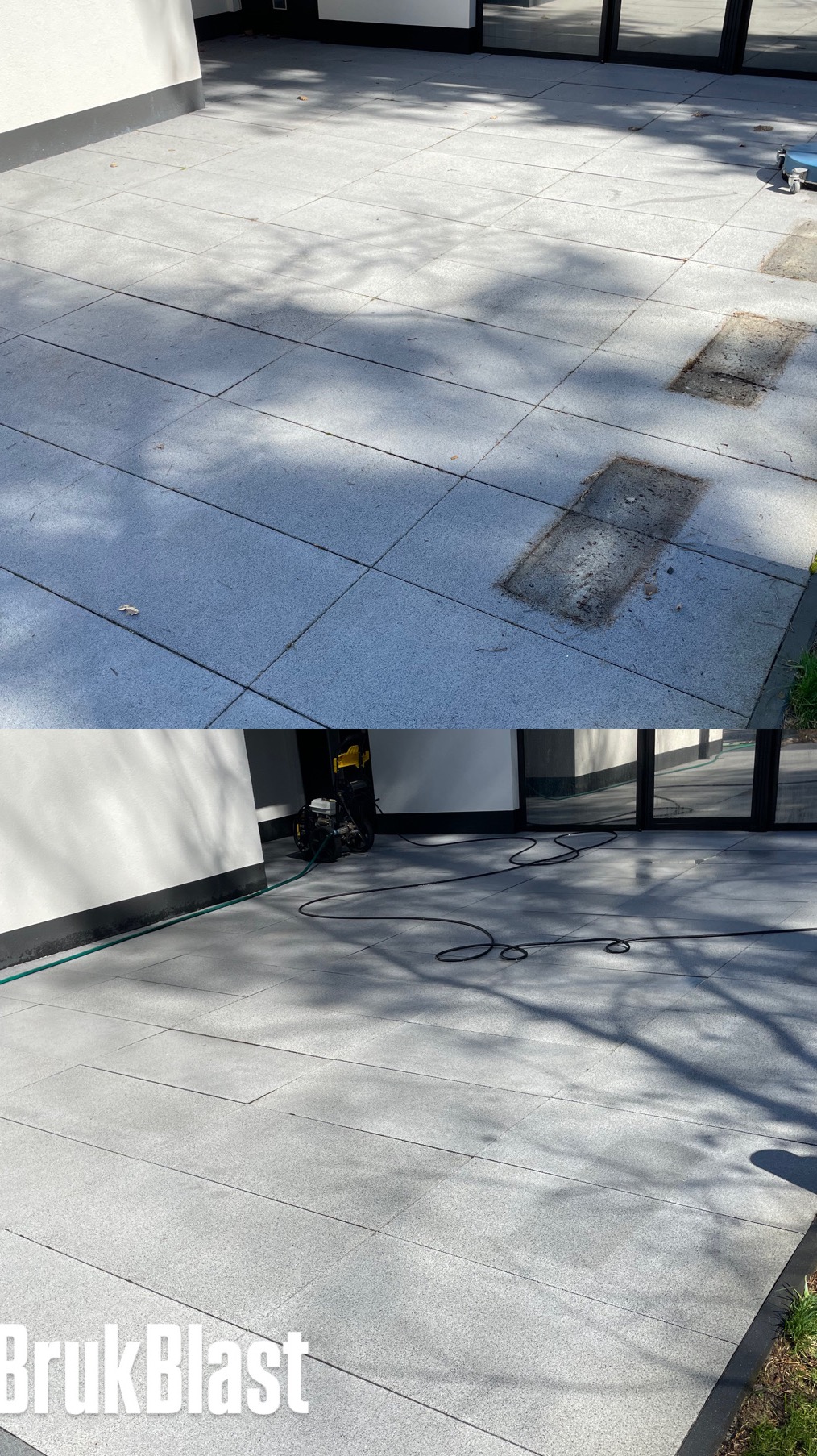 Kostka brukowa przed i po czyszczeniu, widoczne różnice w zabrudzeniach. Na dole kadru wąż i myjka ciśnieniowa.