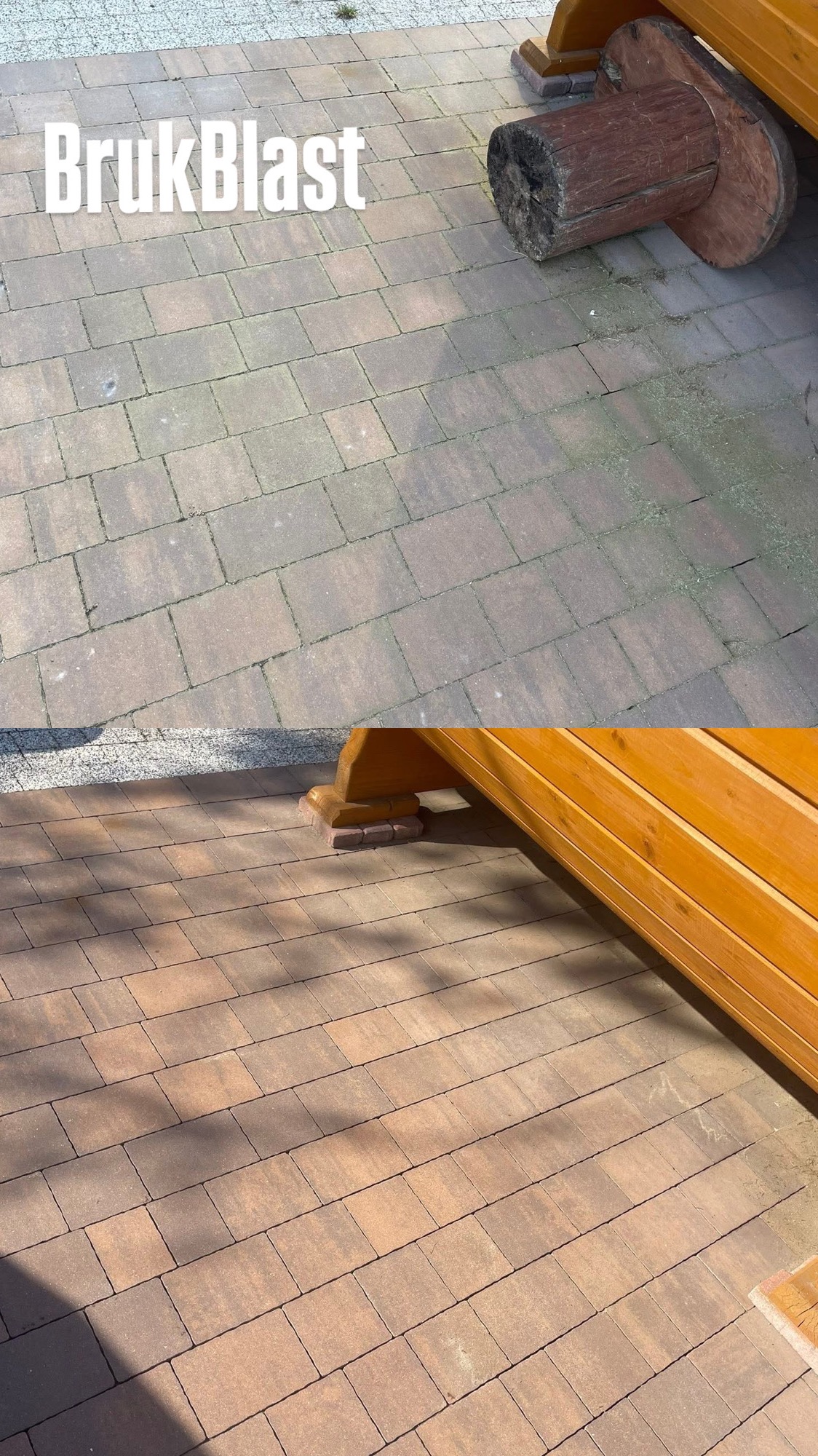 Zdjęcie 'przed i po' czyszczenia kostki brukowej. Górna część brudna, zielona od mchu, dolna czysta, w naturalnym brązowym kolorze, widoczny fragment konstrukcji drewnianej.