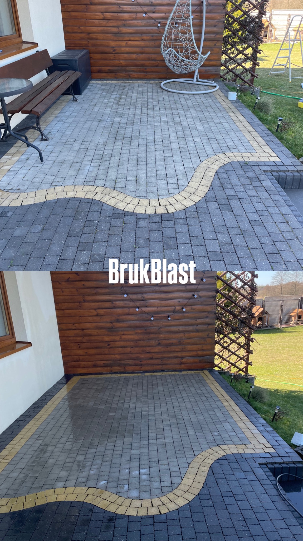 Zdjęcie 'przed i po' mycia kostki brukowej z dekoracyjnym obramowaniem. Górna część sucha, dolna mokra, ukazująca efekt czyszczenia. Widoczna drewniana ściana.