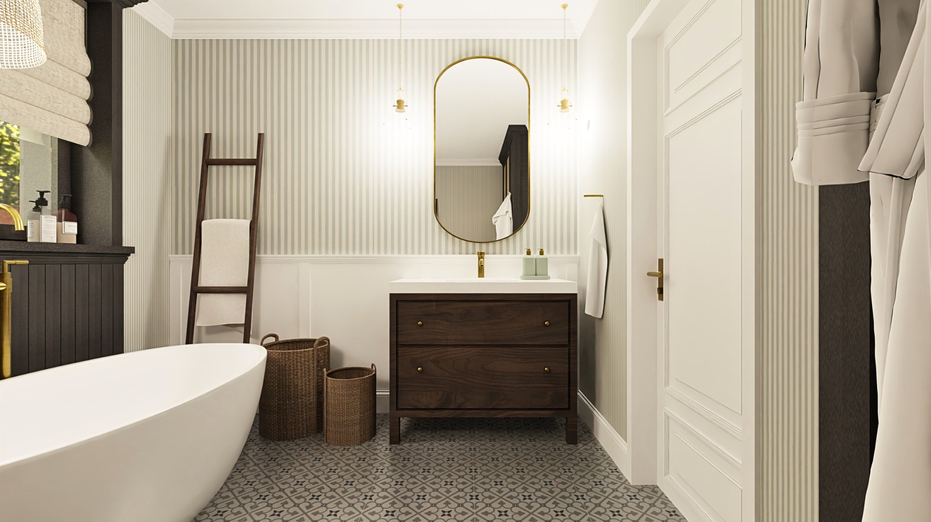 Elegancka łazienka z wolnostojącą wanną, drewnianą szafką pod umywalką i lustrem w złotej ramie. W tle drabina z ręcznikiem i kosze z wikliny.