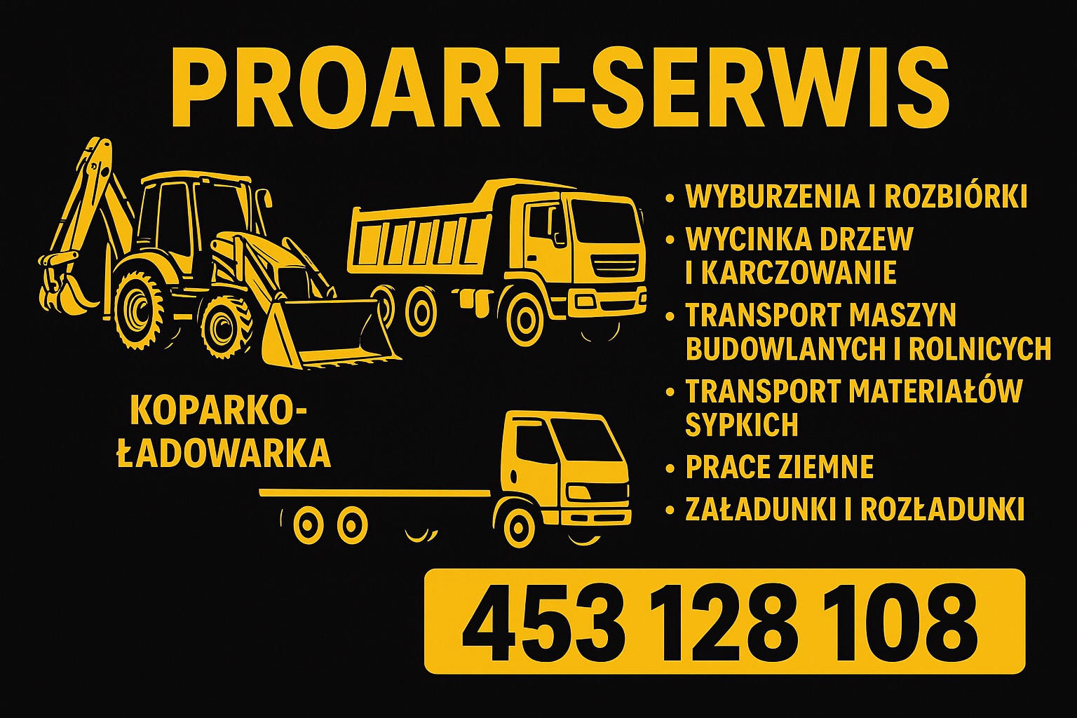 Grafika wektorowa: koparko-ładowarka, wywrotka, ciężarówka na czarnym tle z żółtymi elementami i tekstem 'PROART-SERWIS' oraz numerem telefonu. Oferta usług budowlanych.