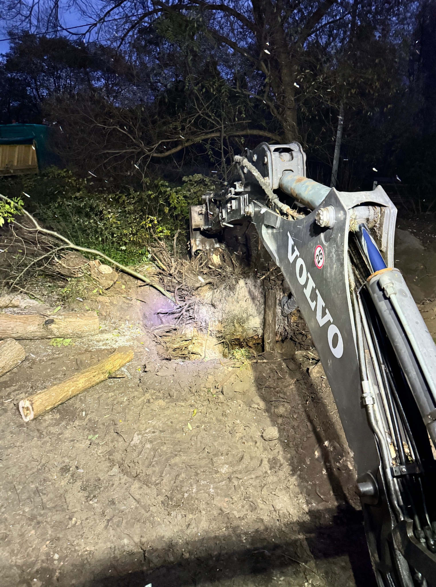 Ciężki sprzęt Volvo w akcji: usuwanie korzeni drzew w ziemi, z widocznymi fragmentami pni i gałęzi. Praca w terenie, oświetlenie punktowe.