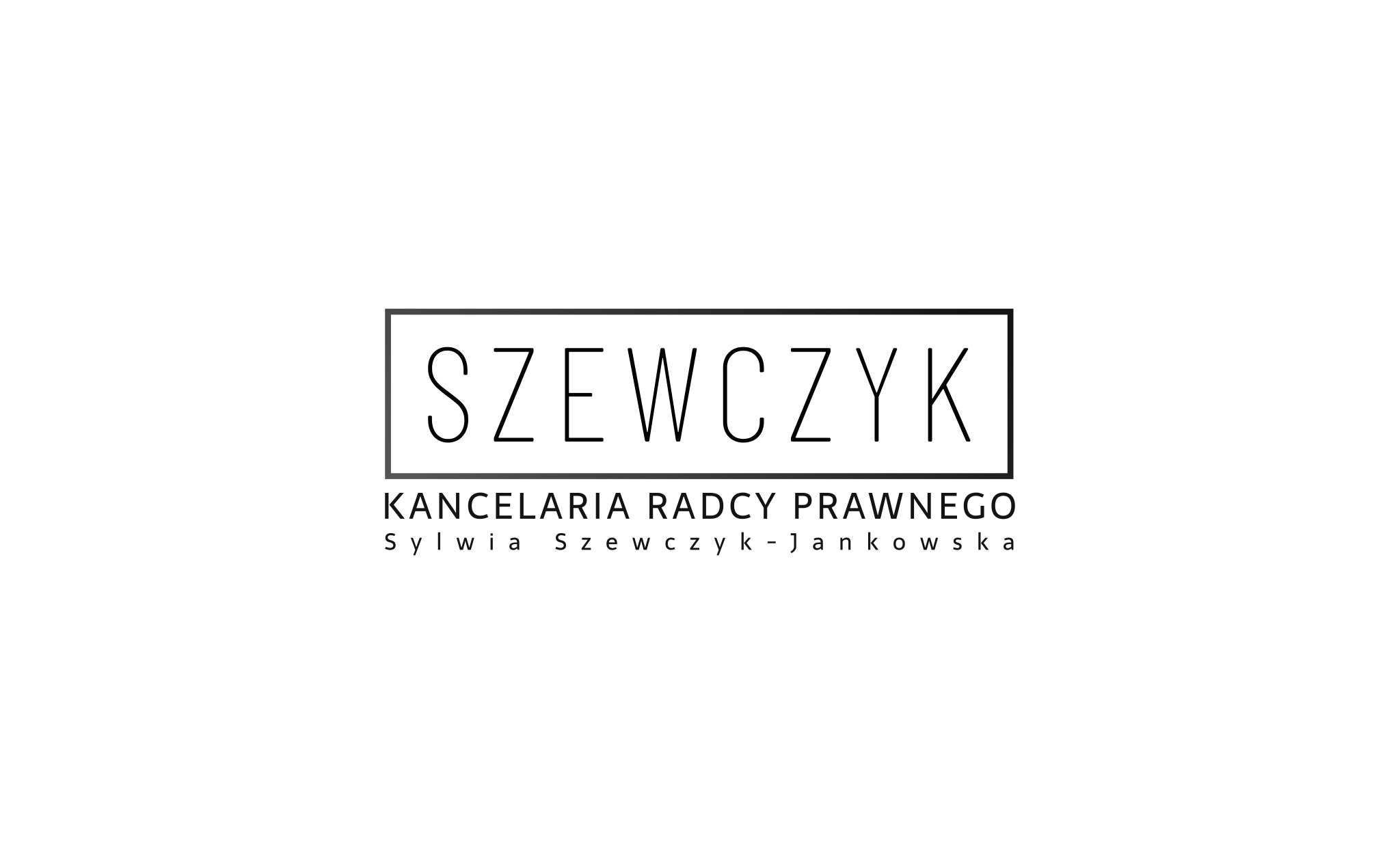 Minimalistyczne logo kancelarii radcy prawnego: czarny napis 'SZEWCZYK' w ramce, pod nim 'KANCELARIA RADCY PRAWNEGO Sylwia Szewczyk-Jankowska'.