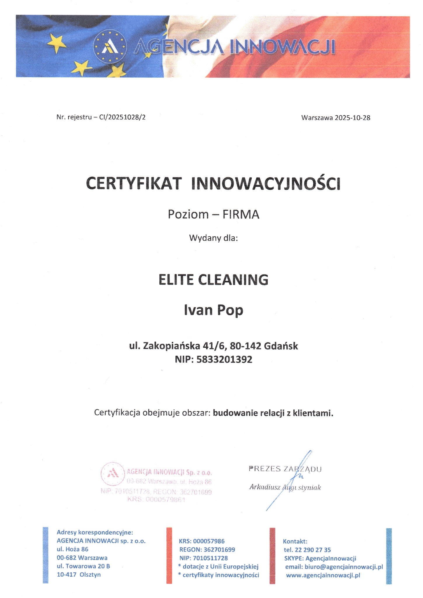 Certyfikat innowacyjności dla Elite Cleaning, potwierdzający budowanie relacji z klientami. Dokument z datą, adresem firmy i podpisem Prezesa Zarządu.