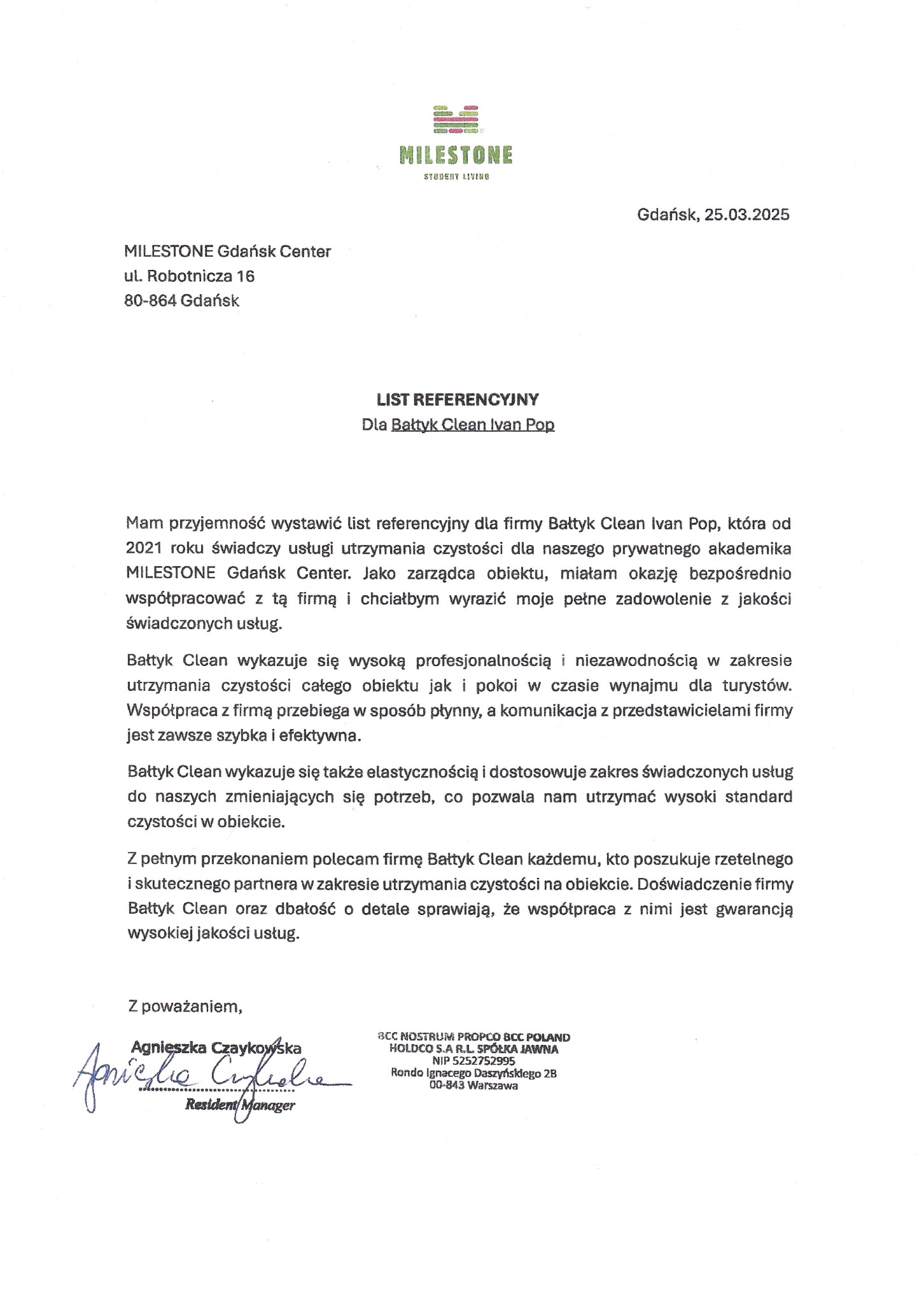 List referencyjny dla firmy Bałtyk Clean Ivan Pop, świadczącej usługi utrzymania czystości w akademiku Milestone Gdańsk Center. Dokument z pieczątką i podpisem.