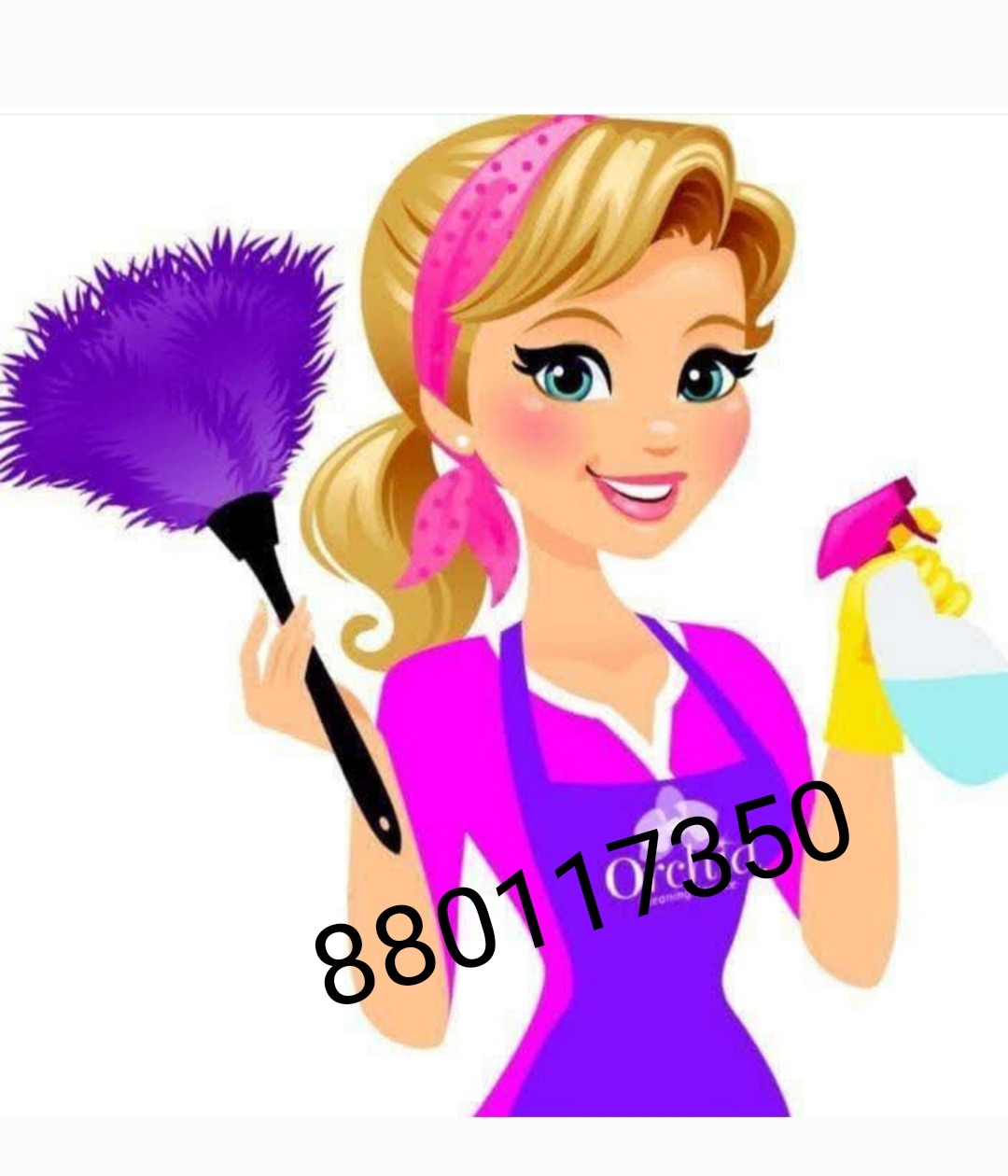 Karykatura kobiety z blond włosami, w różowo-fioletowym stroju, trzymającej fioletową miotełkę i butelkę ze spryskiwaczem. Nałożony numer telefonu.