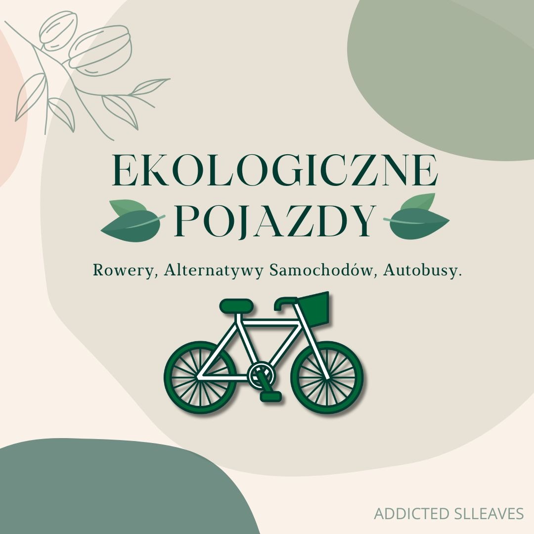 Grafika z napisem 'Ekologiczne Pojazdy' i ilustracją roweru. Pastelowe kolory, minimalistyczny design. Promocja alternatywnych środków transportu.