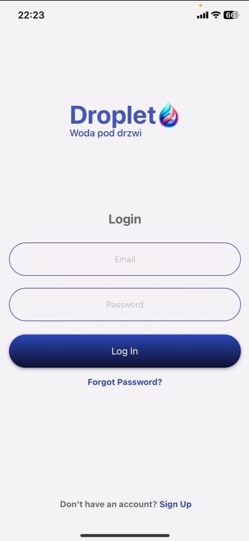 Ekran logowania aplikacji Droplet z logo kropli wody w kolorach tęczy. Interfejs użytkownika z polami Email, Password i przyciskiem Log In.
