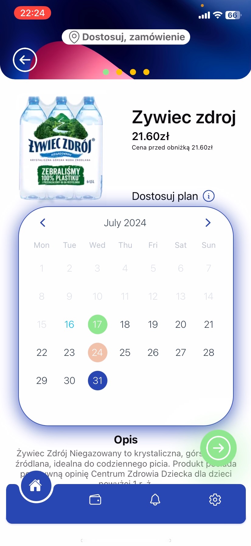 Aplikacja mobilna z opcją dostawy wody Żywiec Zdrój, widoczny kalendarz wyboru daty dostawy i informacja o cenie. Ekran smartfona, interfejs użytkownika.