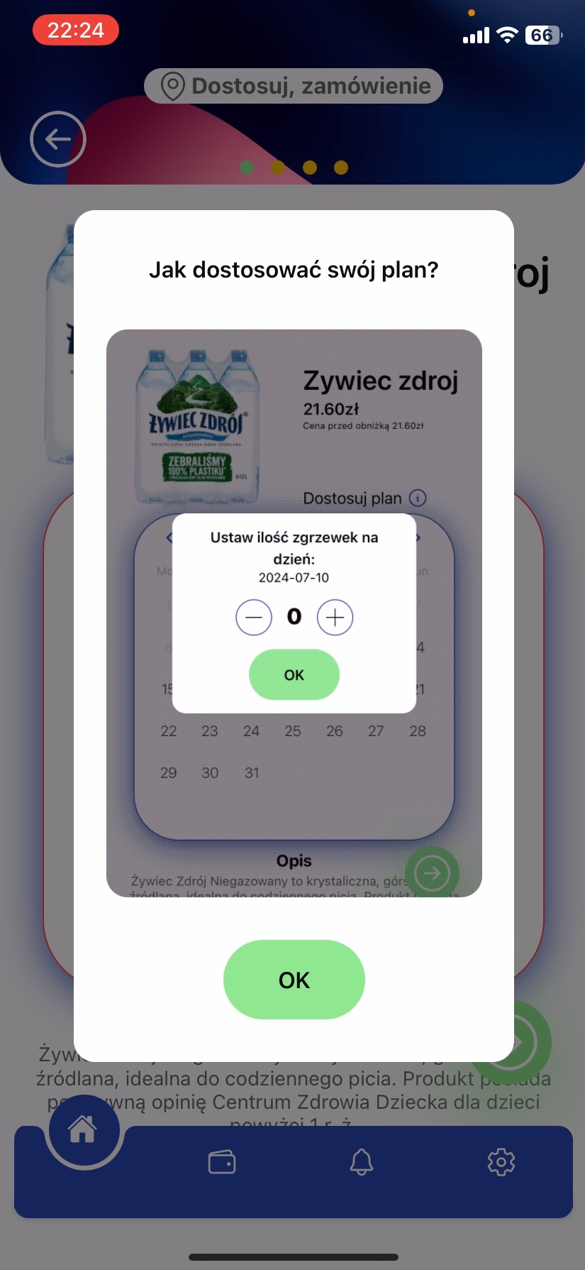 Ekran aplikacji mobilnej z opcją dostosowania planu zakupu wody Żywiec Zdrój. Okno dialogowe z kalendarzem i ustawieniem ilości zgrzewek na dzień. Interfejs użytkownika.