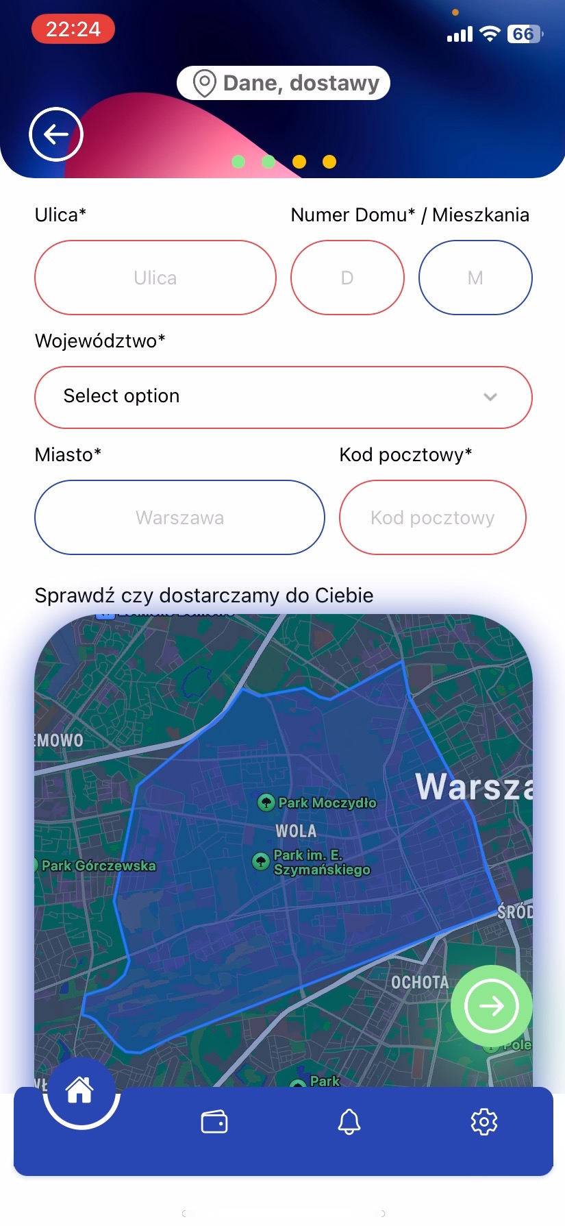 Ekran aplikacji mobilnej z formularzem danych adresowych i mapą zasięgu dostaw w Warszawie, z zaznaczonymi dzielnicami Wola i Ochota.