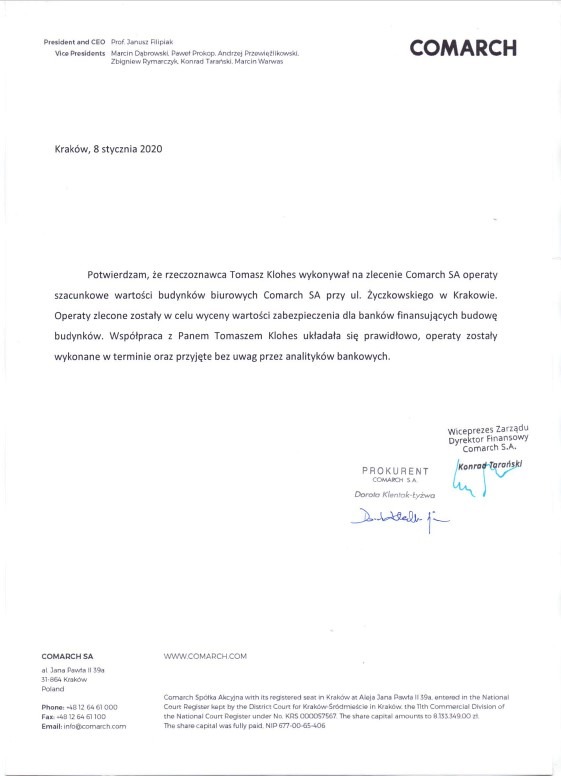 Dokument firmowy Comarch z potwierdzeniem wykonania operatu szacunkowego przez rzeczoznawcę Tomasza Klohes, datowany na 8 stycznia 2020, z podpisami.