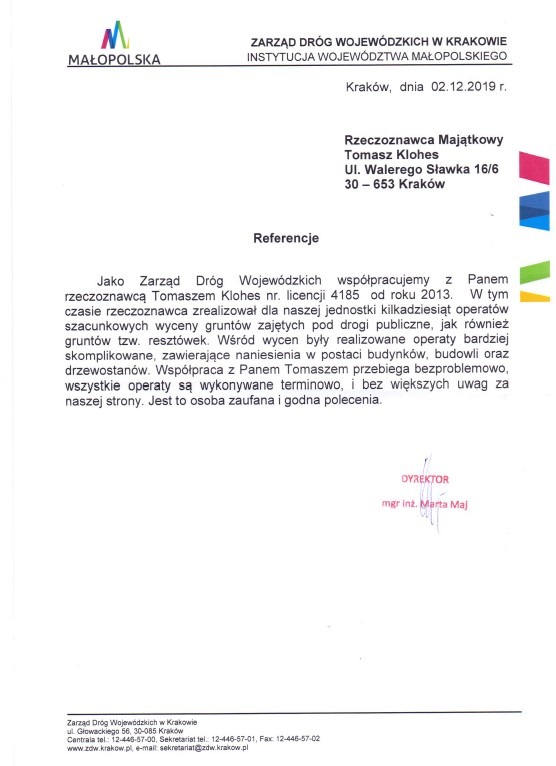 Skan dokumentu referencyjnego dla rzeczoznawcy majątkowego Tomasza Klohes od Zarządu Dróg Wojewódzkich w Krakowie, datowany na 02.12.2019.