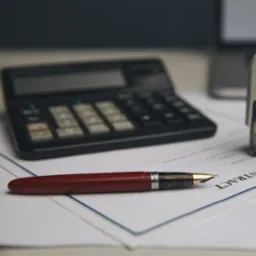 Umowa z piórem, kalkulatorem i pieczątką w tle. Ciemnoczerwone pióro wieczne leży na dokumencie. Elementy biurowe na jasnym blacie biurka.