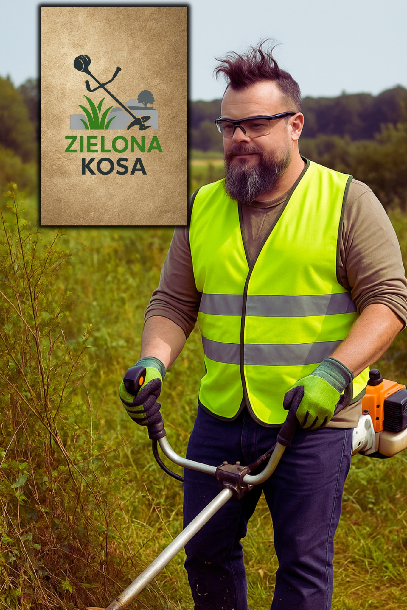 Mężczyzna z brodą w kamizelce odblaskowej, obsługujący kosę spalinową na tle zieleni, obok logo firmy 'Zielona Kosa'.