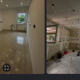 Hubert Kwiatkowski - Porównanie stanu pokoju przed i po remoncie: świeżo ułożone panele podłogowe w jasnym odcieniu drewna oraz surowy stan ścian przygotowanych do dalszych prac wykończeniowych.