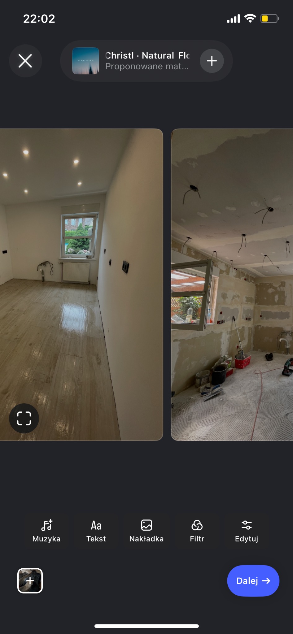 Porównanie stanu pokoju przed i po remoncie: świeżo ułożone panele podłogowe w jasnym odcieniu drewna oraz surowy stan ścian przygotowanych do dalszych prac wykończeniowych.