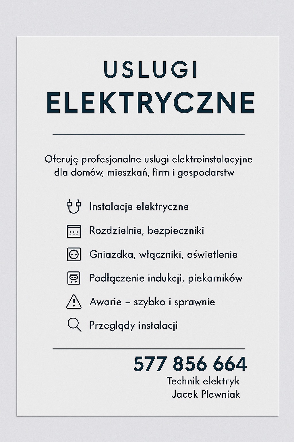 Grafika z ofertą usług elektrycznych: instalacje, rozdzielnie, gniazdka, podłączenia indukcji, awarie, przeglądy. Numer telefonu i dane technika elektryka.