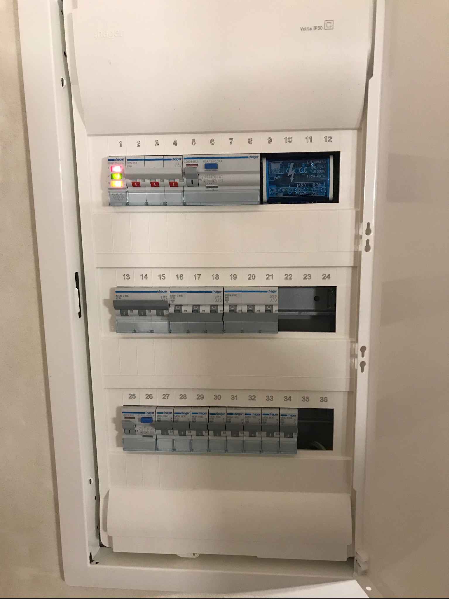 Otwarta skrzynka bezpiecznikowa Hager z numeracją 1-36, zawierająca bezpieczniki i moduły, niektóre włączone, inne wyłączone, w neutralnym oświetleniu.