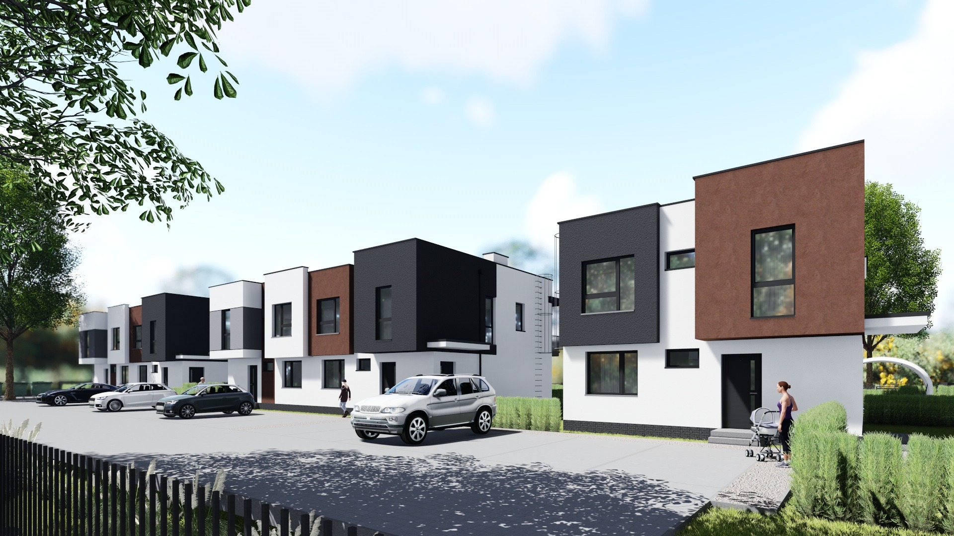 Nowoczesne domy szeregowe w Ząbkach z elementami czerni, brązu i bieli. Na podjeździe zaparkowane auta, spacerująca kobieta z wózkiem. Minimalistyczna architektura.