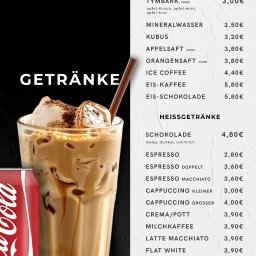 Ember Flow sp. z o.o. - Menu napojów z lodową kawą i Coca-Colą w Wodzisławiu Śląskim. Ceny i nazwy napojów widoczne na białym tle, obok szklanka kawy i puszka Coca-Coli.