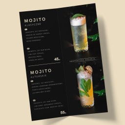 Ember Flow sp. z o.o. - Elegancka karta menu drinków Mojito: klasycznego i autorskiego, z wyszczególnionymi składnikami w języku polskim i angielskim oraz apetycznymi zdjęciami propozycji podania.