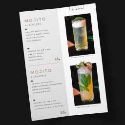 Ember Flow sp. z o.o. - Eleganckie menu dnia z dwoma propozycjami mojito: klasycznym i autorskim. Zdjęcia drinków z listą składników i ceną. Minimalistyczny design z czcionką szeryfową.
