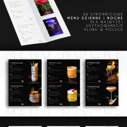 Ember Flow sp. z o.o. - Eleganckie menu SkyBar z koktajlami, prezentujące 26 stronnicową ofertę dzienną i nocną dla klubu w Sky Tower Wrocław. Minimalistyczny design, czarno-biała kolorystyka.