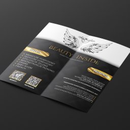 Ember Flow sp. z o.o. - Dwustronna ulotka salonu kosmetycznego z ofertą manicure hybrydowego, pedicure, stylizacji żelowych, ombre, baby boom i promocją poleć 3 osoby. Kod QR do Booksy i Instagram.